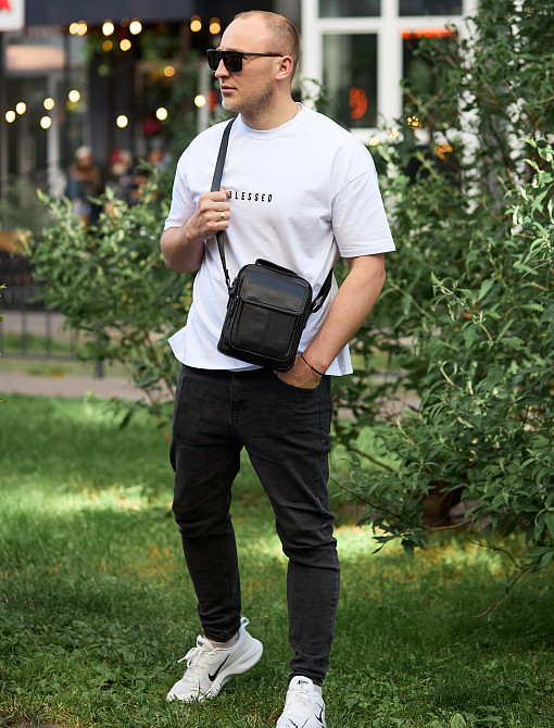 Чорна шкіряна чоловіча сумка-барсетка через плече Київ - фото 1