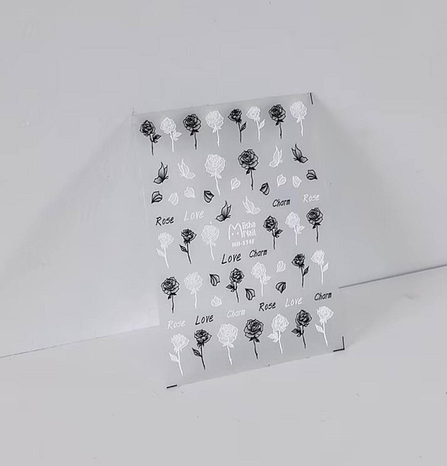 Слайдер для ногтей розы чёрно-белые 7.2×9.2 см — наклейки nail art Rose Love Charm, 1 лист Киев - изображение 2