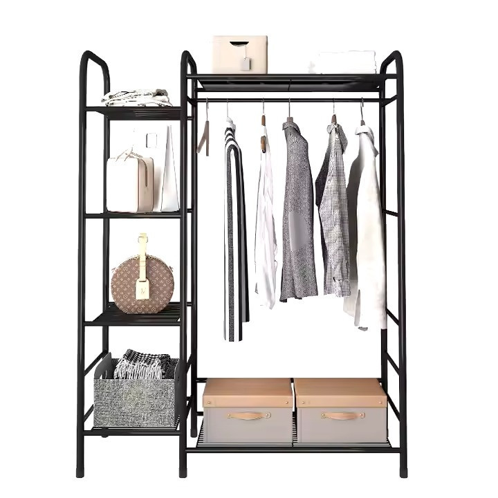 Передпокій Стелаж для обвуви та одягу на 4 яруси з поперечиною для тремпелів і полицею, металевий, чорний Кам'янець-Подільський - фото 2