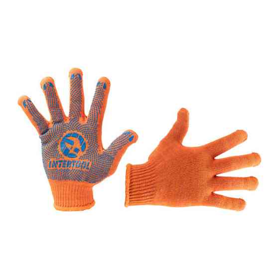 Рукавичка трикотажна, сині ПВХ крапки, 70% бавовна / 30% поліестер, 10", клас в’язки 10, помаранчева, 50 г INTERTOOL SP-0131 Київ