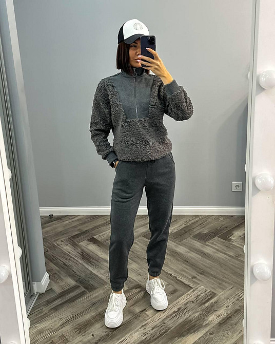 Женский стильный и удобный костюм двойка тринитка на флисе, трикотаж «Барашек» Графит, 42/44 Одесса - изображение 5