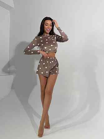 Жіноча стильна домашня принтована піжама плюшевий велюр Капучино Одеса