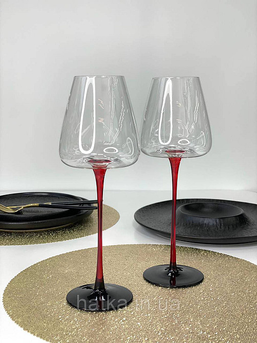 Набір високих келихів 6 шт. для вина 570 мл «Червоний стиль» прозорий із червоною ніжкою Київ - фото 3