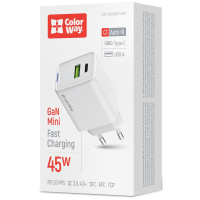 Зарядное устройство ColorWay C101E GaN Mini 45W PD PPS USB-C + USB-A QC4.0 white (CW-CHS060PD-WT) Винница - изображение 12