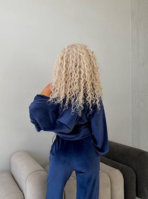 Жіночий велюровий костюм-трійка: кофта корсет і штани Синій, 42/46 Одеса - фото 3