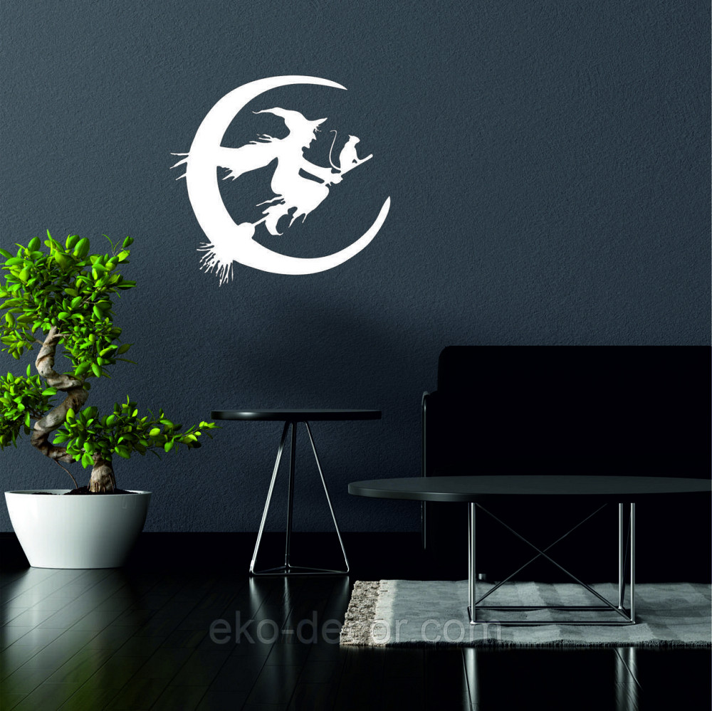 Декоративное настенное Панно «Ведьма на метле с котом», Декор на стену 90*86 см, Белый Киев - изображение 2