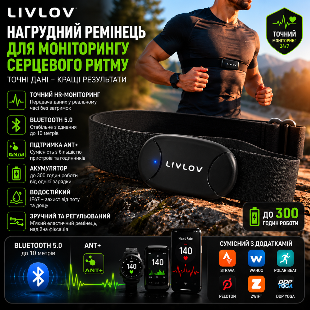 Пульсометр LIVLOV V8: Нагрудний датчик, Bluetooth 5.0, ANT+, 5.3 кГц, Акумулятор, IP67, Чорний Київ - фото 7