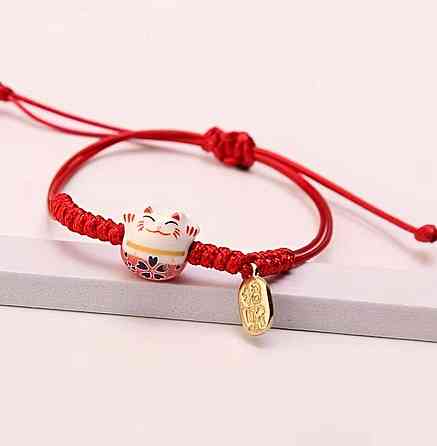Браслет с котиком манеки-неко красный регулируемый шнурок Киев