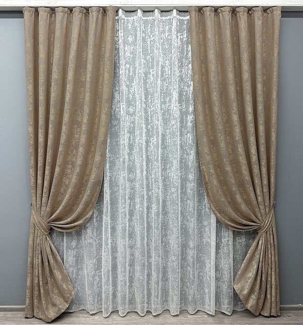 Комплект штор VR-Textil Жаккард Мрамор 150х270 2шт и Тюль 500х270 1207ш-1400т Капучино с белым 71-005/4 Киев - изображение 1
