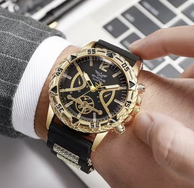 Подарунковий набір для чоловіків наручний годинник Стиль з браслетом і ланцюжок з хрестиком та кільце золотистий Київ - фото 2