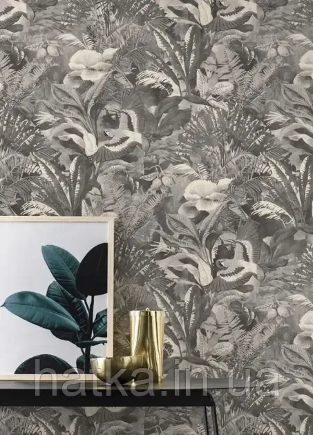 Шпалери вінілові на флізеліні Rasch Clasik 0,53х10 джунглі птиці пальми чорні сірі білі Київ - фото 1