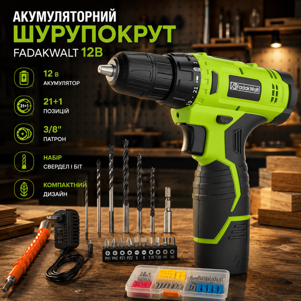 Акумуляторний шурупокрут FADAKWALT 12В, дриль-шуруповерт з набором свердел, 21+1 позицій, 3/8 патрон, компактний набір Київ - фото 8
