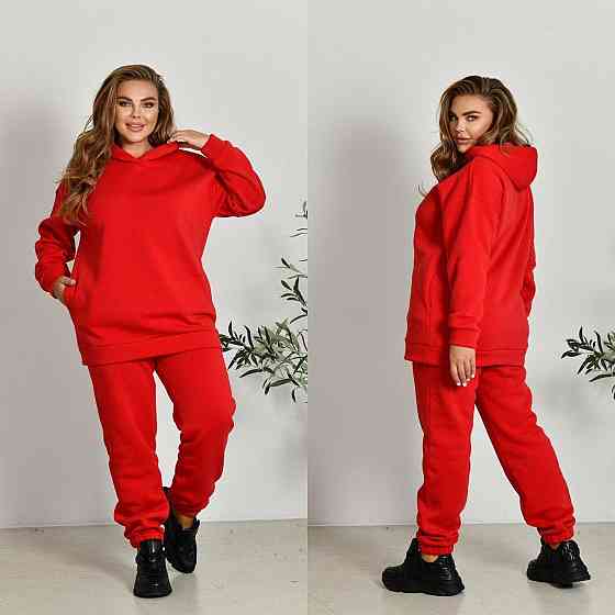 Женский прогулочный костюм: худи и штаны батал в спортивном стиле трехнитка на флисе Красный, 56/58 Одесса