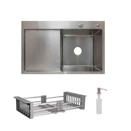 Мойка для кухни интегрированная Lidz Handmade H7849L крыло слева Brushed в комплекте с дозатором и корзиной Киев