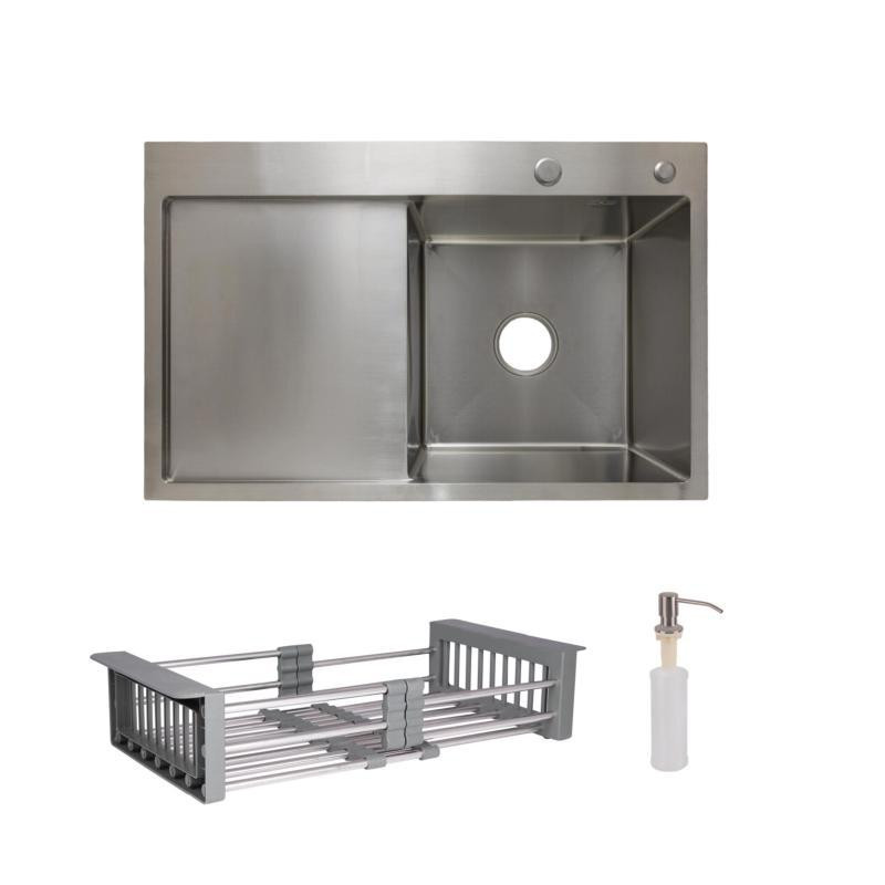 Мийка для кухні інтегрована Lidz Handmade H7849L крило зліва Brushed у комплекті з дозатором та кошиком Київ - фото 1