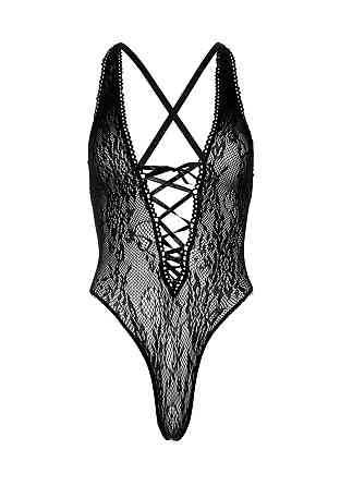 Мереживне боді Leg Avenue Floral lace thong teddy Black, шнурівка на грудях, one size Sex Aura Київ