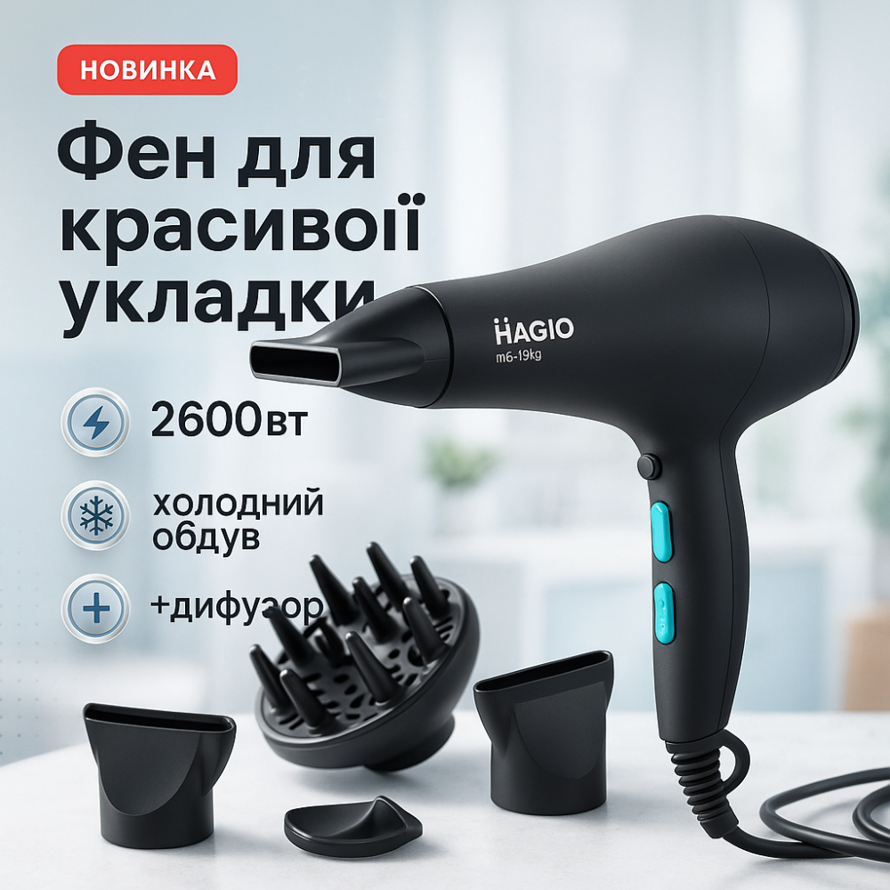 Професійний фен для укладання волосся з насадкою Magio MG-169, Класичний фен для волосся AB-23 Львів - фото 17