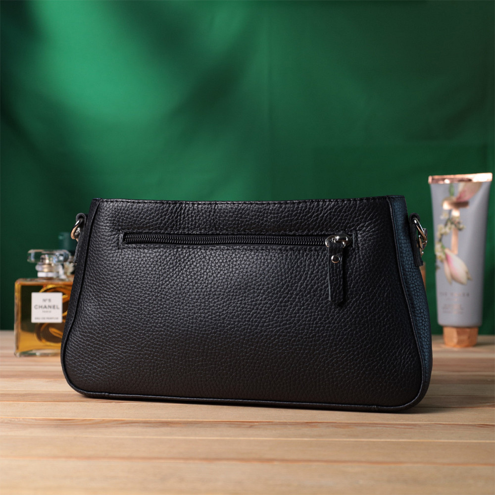 Женская сумка багет с цепочкой и съемным ремешком из зернистой натуральной кожи Shvigel 22837 Черная Киев - изображение 2