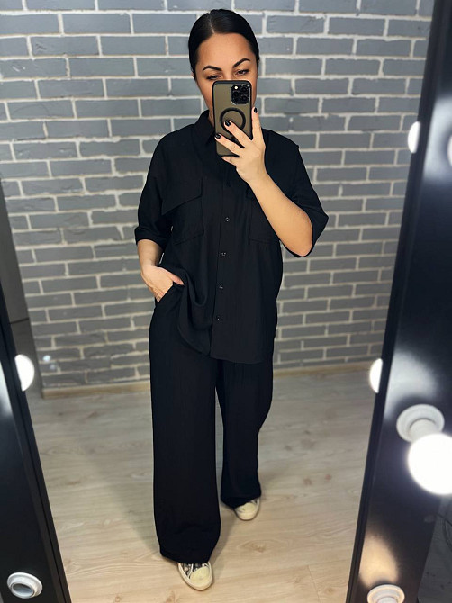 Костюм жіночий Mix Ray 4218 тканина жатка сорочка на гудзиках кишені та широкі штани на резинці чорний, чорний, S Київ - фото 14
