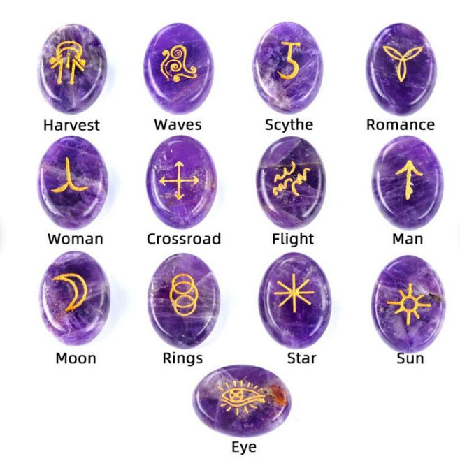 Вікканські руні. Відьмині руні. Руни з натурального каменю аметист 13 шт. в мішечку Київ - фото 3