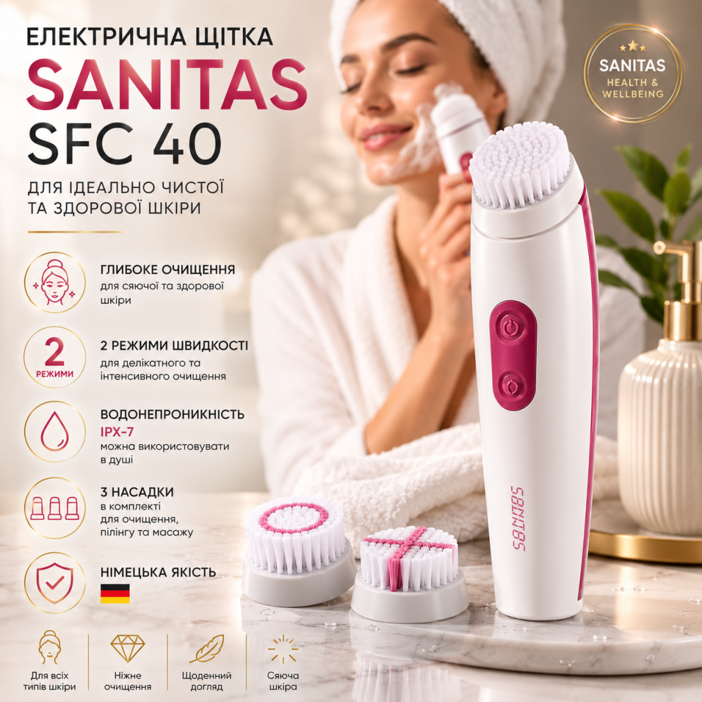 Електрична щітка для чищення обличчя Sanitas SFC 40: Набір 3 в 1, 2 швидкості, IPX-7, Німецька якість Київ - фото 5