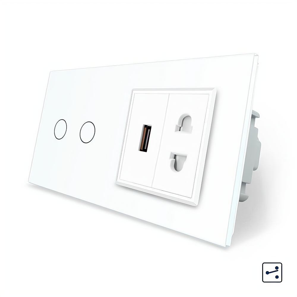 LIVOLO Сенсорний прохідний/перехресний вимикач 2 сенсора 1 розетка 1 USB Livolo білий скло (VL- Коломия - фото 1