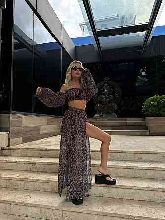 Женский летний леопардовый костюм двойка: топ и юбка шифон Одесса