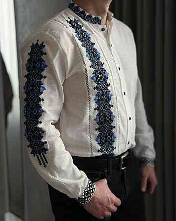 Мужская вышиванка в традиционном украинском стиле домотканый лен Белый, 52 Одесса