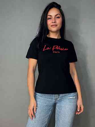 Футболка жіноча A-N 30103 базова з вишивкою La Poésie Paris однотонна, чорний, one size Київ