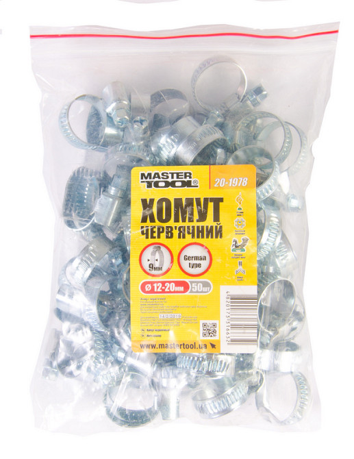 MASTERTOOL Хомут черв'ячний MASTERTOOL German type W1 DIN 3017 9.0 мм Ø 12-20 мм 50 шт 20-1978 Коломия - фото 4