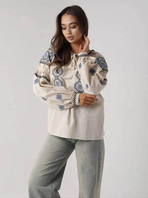 Женская стильная современная вышиванка с завязками 80% хлопок, 20% полиэстер 46 Одесса - изображение 7