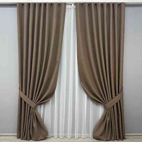 Комплект штор VR-Textil 100% блэкаут ASHEN NIGHT 150х270 2шт и Тюль 400х270 1854ш-1153т коричневый с белым 71-094/3 Киев
