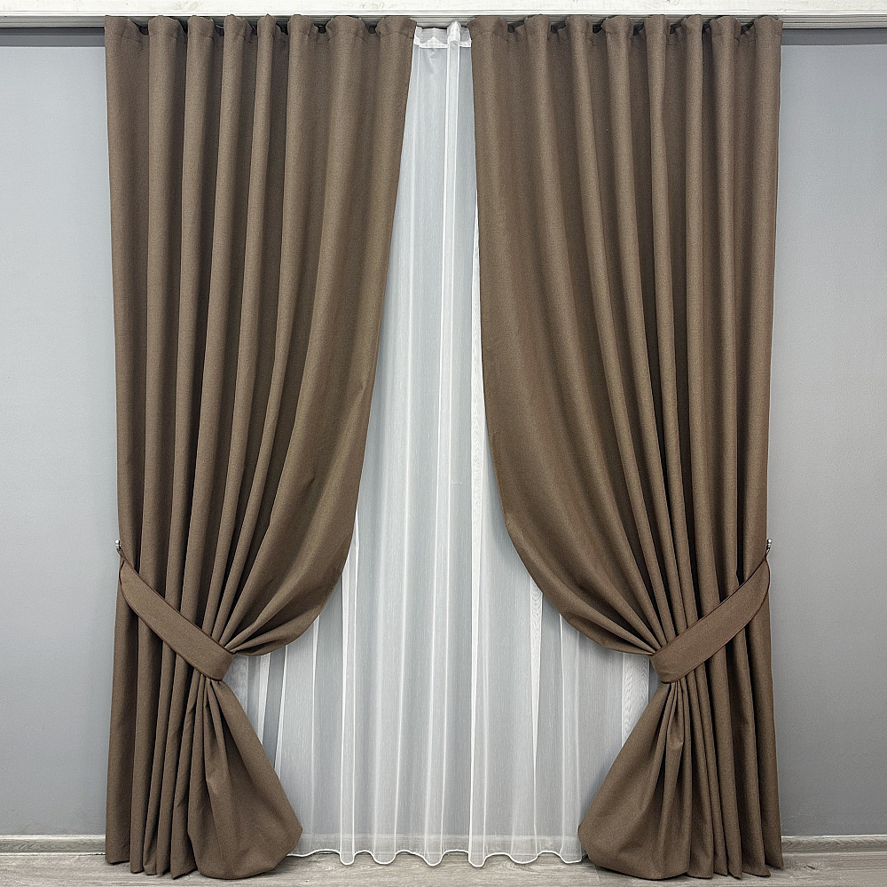 Комплект штор VR-Textil 100% блэкаут ASHEN NIGHT 150х270 2шт и Тюль 400х270 1854ш-1153т коричневый с белым 71-094/3 Киев - изображение 1