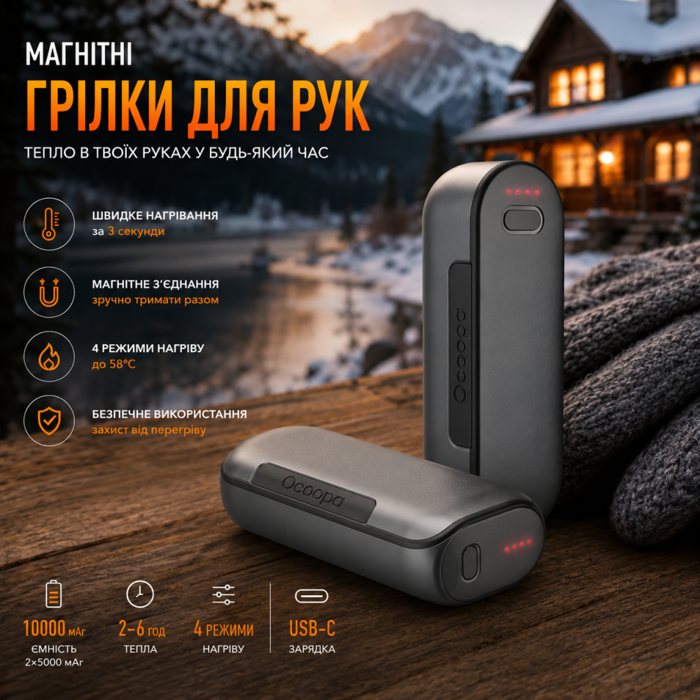 Магнітні грілки для рук OCOOPA MagTwins UT2s 2-в-1, Power Bank 10000 мАг (2×5000 мАг), 4 режими нагріву до 58°C, USB-C, Grey Київ - фото 9
