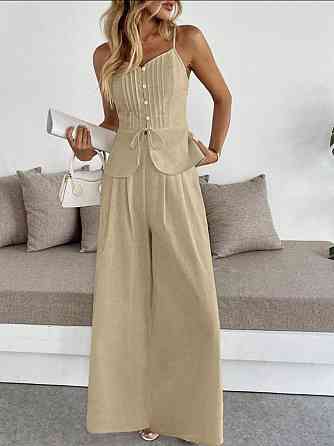 Женский летний брючный костюм двойка: топ и брюки лён Беж, 42/44 Одесса