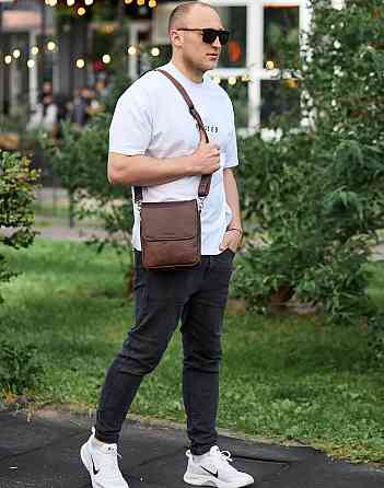 Кожаная мужская барсетка через плечо коричневая Киев