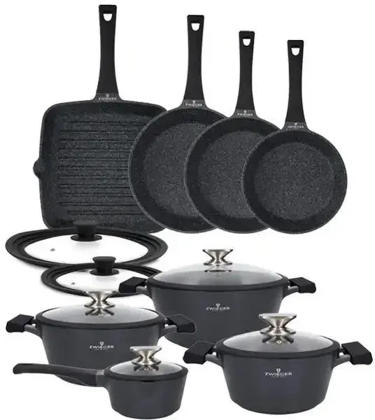 ZWIEGER BLACK STONE Набір каструль z pokrywkami 20, 24, 28 cm + Рондель 16 Сковорідки Grillowa Кришки Tadar Київ - фото 1