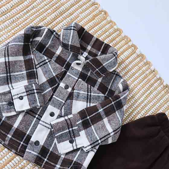 Коричневый теплый детский комплект из флиса тедди (рубашка в клетку+толстовка+брюки) Каменец-Подольский