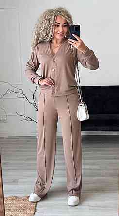 Женский стильный повседневный костюм двойка: кардиган на пуговицах + брюки трикотажный рубчик Бежевий, 50/52 Одесса
