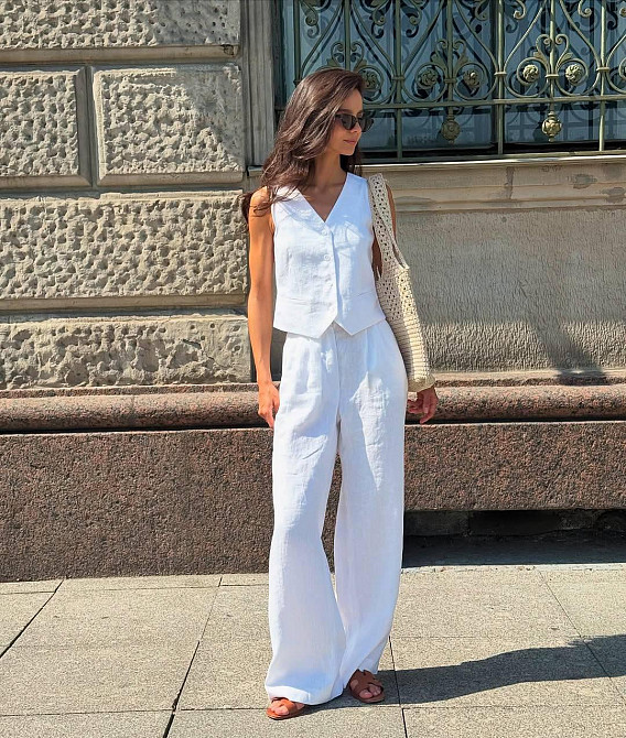 Женский стильный летний костюм двойка лён Белый, 42/44 Одесса - изображение 4