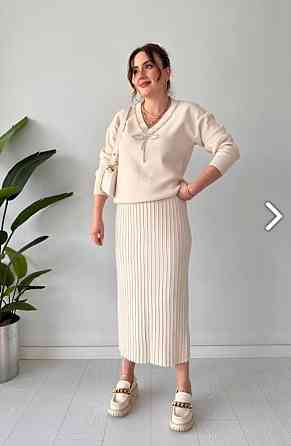 Женский теплый элегантный костюм: свитер и плиссированная юбка машинная вязка Одесса