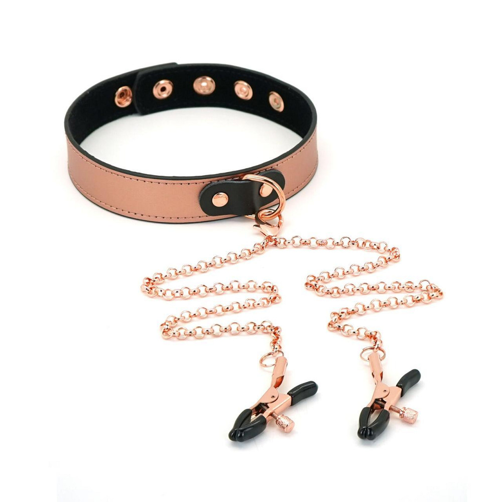 Нашийник із затискачами для сосків Liebe Seele Rose Gold Memory Collar with Nipple Clamps, шкіра Sex Aura Київ - фото 8