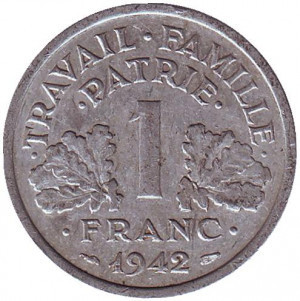 Монета 1 франк. 1942-44 рік, Франція. Travail Famille Patrie. Полтава - фото 1