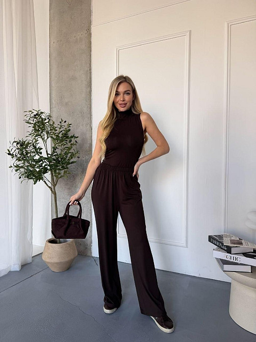 Женский базовый костюм двойка: топ американка и штаны палаццо вискоза Шоколадный, 40/44 Одесса - изображение 1