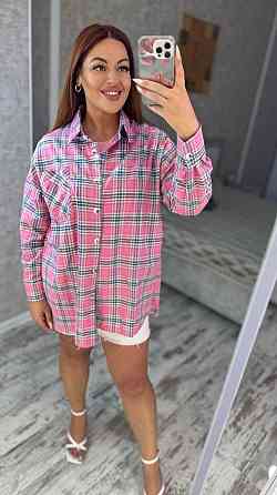 Женская оверсайз рубашка в клетку турецкая фланель Розовый, 50/56 Одесса