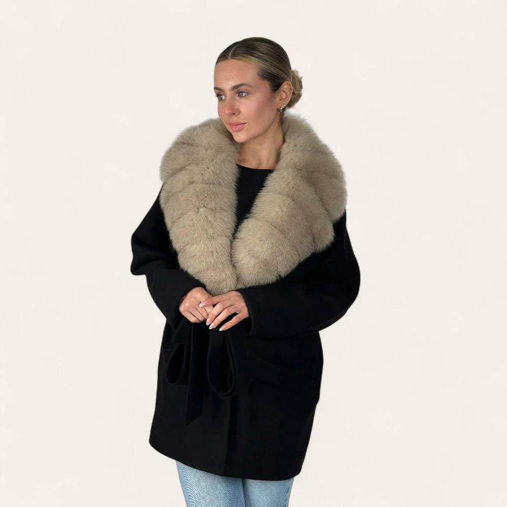 Женское пальто с меховым воротником Черный, 42 Харьков - изображение 2