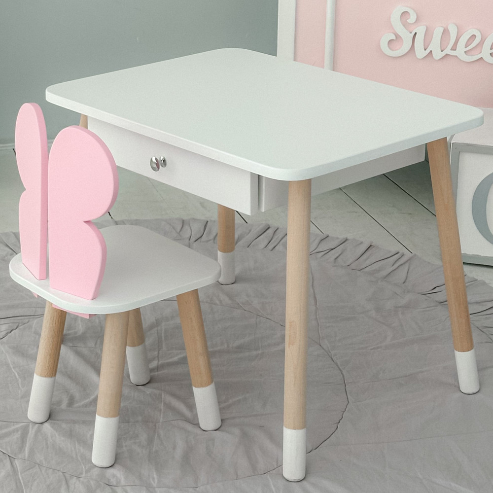 Стол прямоугольный с выдвижным ящиком 46х60х45 и стул бабочка 26х26х24, столик и стульчик для девчачьей комнаты, розовый с белым Каменское - изображение 11