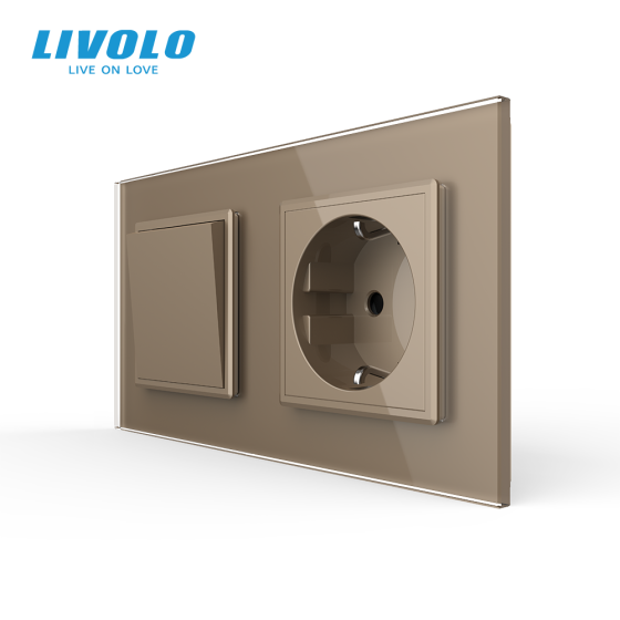 LIVOLO Одноклавішний вимикач з розеткою Livolo золотий скло (VL-C7C1EUK1-13) Коломия