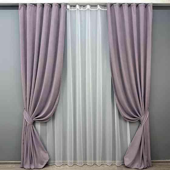 Комплект штор VR-Textil Мікровелюр Petek 100х270 2шт і Тюль 400х270 1493ш-1153т Лавандовий з білим 71-054/2 Київ