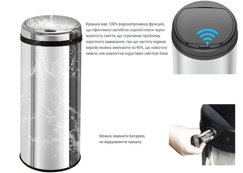 Сенсорное мусорное ведро Mixxus Premium Ellipse-TC0109 9л хром-черное круглое Харьков - изображение 8